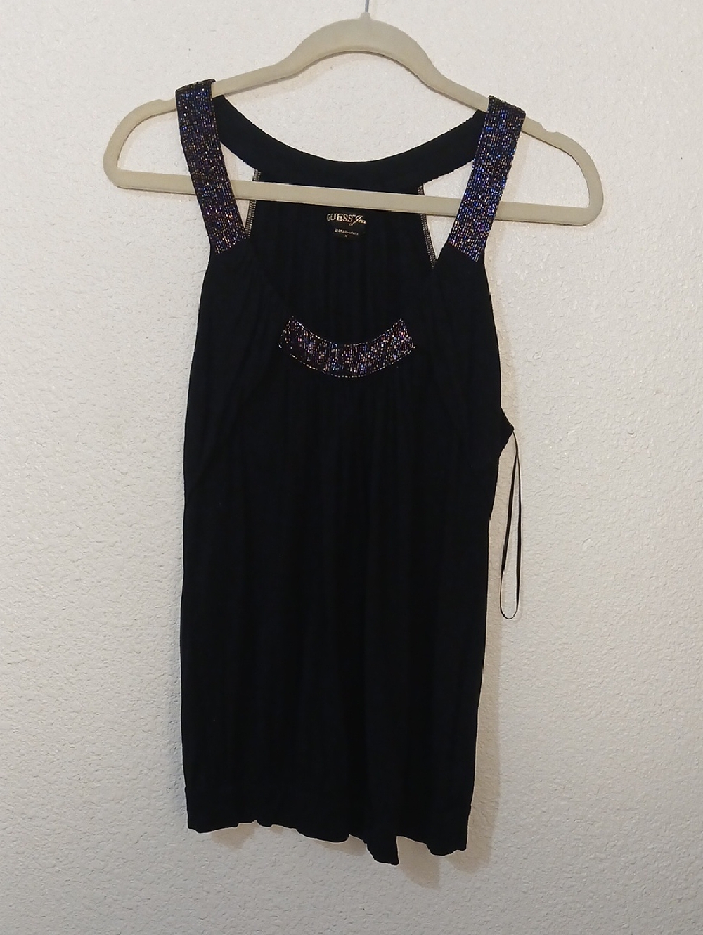 Guess Black Tank Top with Sparkling Beaded Straps